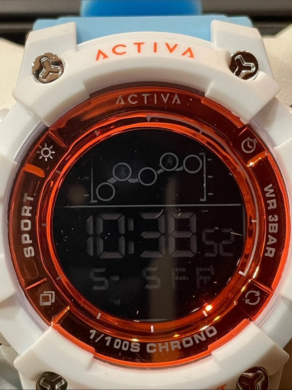 Activa White Watch with Blue Strap and Red-Tinted Dial